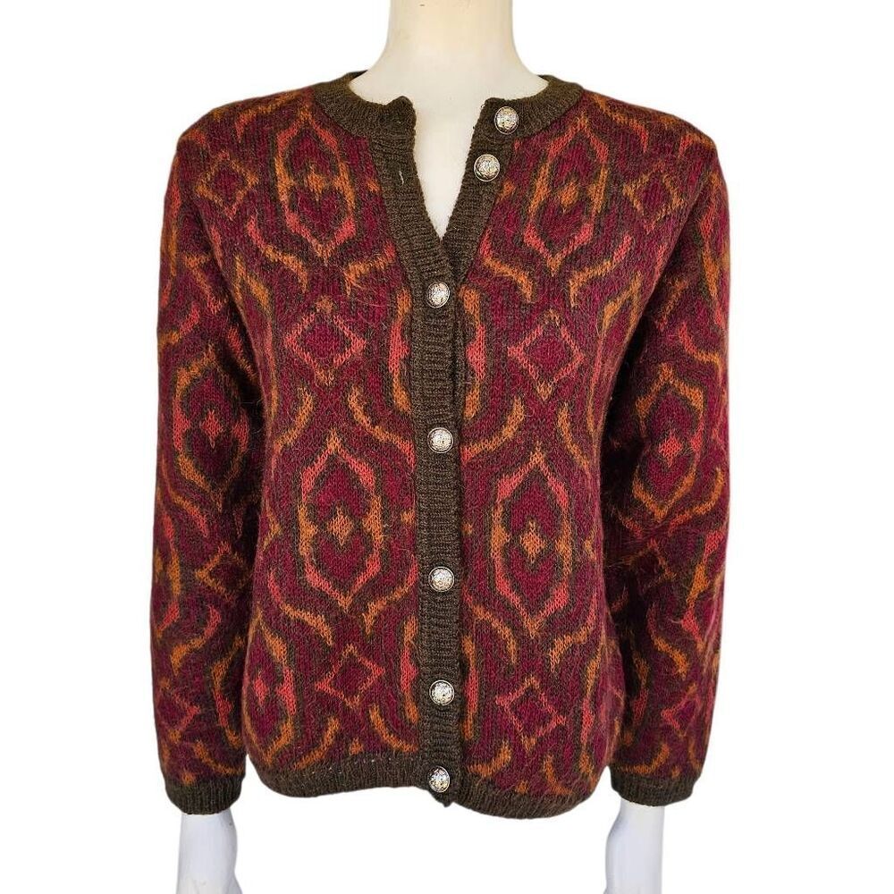 Edinburgh Women’s Mohair Blend Cardigan Sweater M Brown Red Pattern Knit Button
